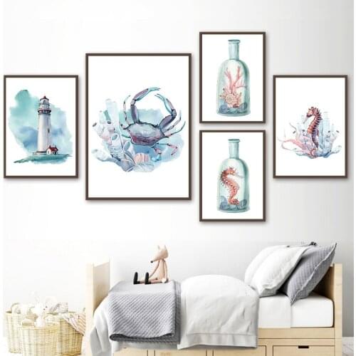 Lighthouse Seaweed Shell Crab Seahorse Wall Art Canvas Painting Nordic Posters And Prints Wall Pictures Kids Room Nursery Decor