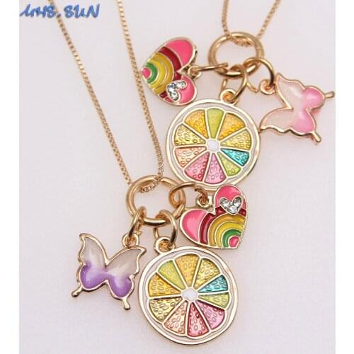 MHS.SUN 1PC Fashion Girls Charm Necklace With Butterfly DIY Kids Lemon slice Pendant Necklace Gold Color Chain Choker For Party