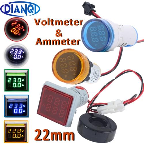 Mini Digital Voltmeter Ammeter 22mm AC 50-500V 0-100A Current Voltage Volt Tester Meter Dual LED Indicator Pilot Lamp Light