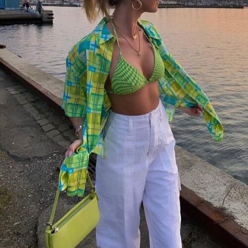 2021 Fashion Green Plaid Bikini Cover Ups Shirts Women Sexy Short Sleeve Turn-Down Collar Blouse Beach Casual Sun-Protective Top