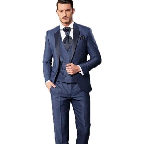 New Arrival One Button Navy Blue Groom Tuxedos Groomsmen Notch Lapel Mens Suits Blazers (Jacket+Pants+Vest+Tie) W:1076