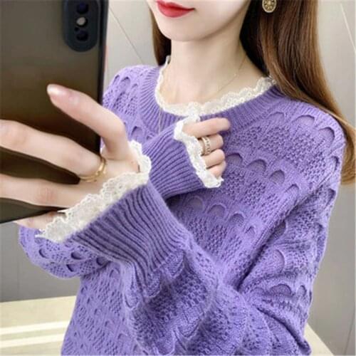 Autumn Winter Pullovers Women Korean Fashion lace stitching Baisc sweater women 2021 new loose womens knit sweater outerwear