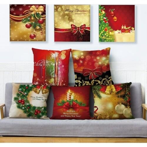 Merry Christmas Cushion Cover Happy New Year Pillowcase Decor Candle Gift Bell Tree Linen Pillow Case for Sofa Home Car 45x45cm
