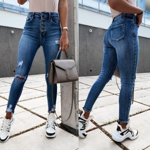 2021 season casual fashion trousers small feet pencil hole high waist womens jeans