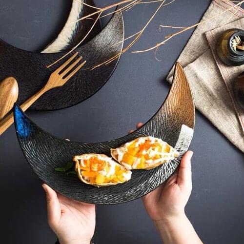 Japanese Style Ceramic Food Container Sushi Plate Creative Irregular Retro Moon Shape Snack Plate Dessert Dish Kitchen Tableware