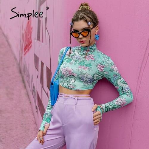 Simplee Floral turtleneck hole y2k green crop tops women Sexy sheath long sleeve female blouses autumn Holiday soft short top