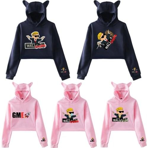 Hip Hop Gamestop Sweatshirt Female Cat Ear Pink Wallstreetbets Hoodies Women Cat Crop Top Hoodie Trend WSB Oversized Streetwear
