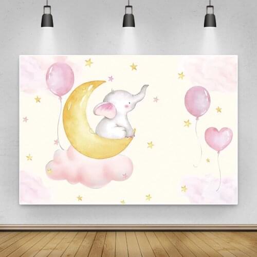 Laeacco Vinyl Backgrounds For Photography Elephant Gold Moon Baptism Pink Balloons Baby Shower Party Photophone Phto Backdrops