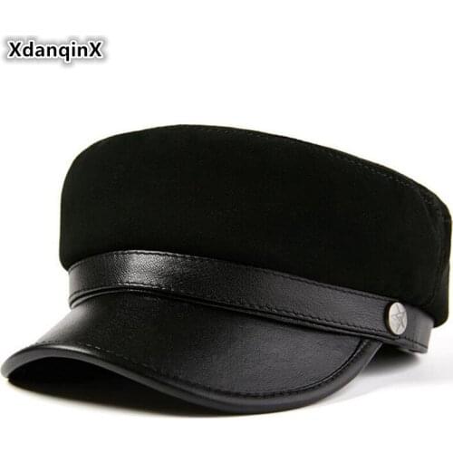 XdanqinX Autumn New Genuine Leather Hat Mens Flat Cap Military Hats Elegant Womens Sheepskin Fashion Cap Couple Student Caps