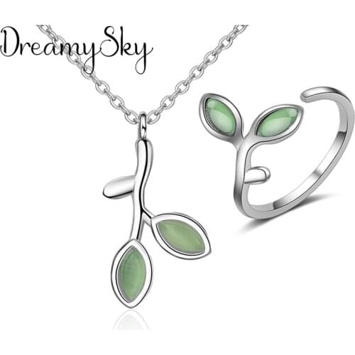 Fashion Opal Bridal Jewelry Sets Ring Silver Color Leaf Choker Necklaces Earrings for Women Wedding Statement Jewelry