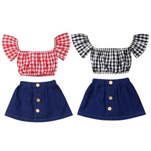 1-5Years 2PCS Kid Baby Girl Clothes Off-Shoulder Plaids Tops+Dress Skirt Outfit Summer