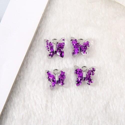5pcs /lot 7mm DIY Earring Charms Flatback Resin Glitter Purple Butterf For Necklace Earring Pendant DIY Making Accessories