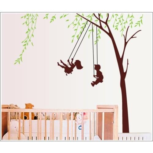 Free ShippingZY9058 Removable KIDS Room PVC Wall Stickers Two Kids Swinging On A Tree Wall Decor Wall Art 60x90cm MURAL