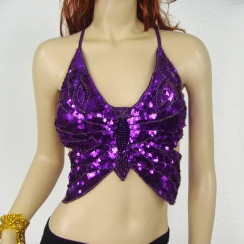 2020 Butterfly Dancing Belly Dance Bras Bellydance Dancing Wear Sequins Bras Halter Tops Stage Dancer Costume 8 Colors