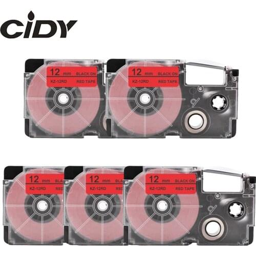 CIDY 5pcs comapatible XR 12RD XR12RD label tape 12mm black on red XR-12RD for Casio label maker KL-60-L KL-60SR KL-120L KL-100