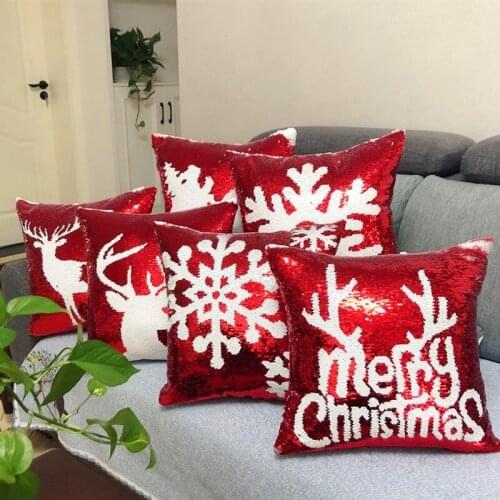 DIY Christmas Sequins Cushion Cover Magical Red and White Sofa Throw Pillows Case Changing Reversible Home Decorative Pillowcase