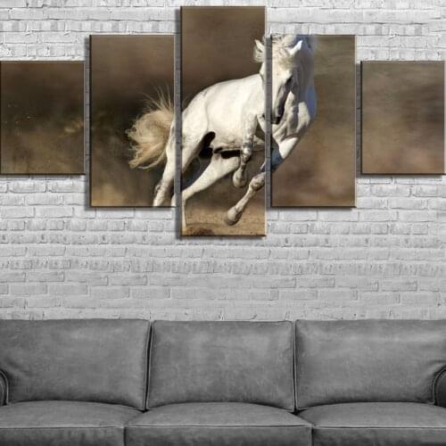 Canvas Painting Framed 5 Piece HD Print White Horse Run Poster Landscape Canvas Wall Art Home Decor For Living Room