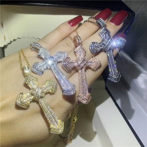 Luxury Hip hop Jewelry 925 Sterling Silver Cross Pendant Lucky Princess 5A Cubic Zirconia CZ Party Women Wedding Necklace Gift
