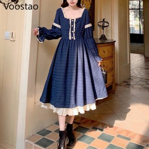 Spring Victorian Sweet Lolita Dress Women Autumn Elegant Lace Ruffles Party Midi Dress Female Japanese Kawaii Princess Dresses