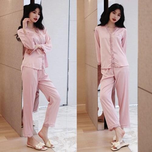 Pajamas Set Women Faux Silk Satin Lace Trim Sleepwear Spring Summer New V-Neck Long Sleeve Elastic Waist Trouser Suits Pijamas