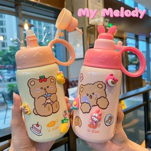 Cartoon Cute Stainless Steel Vacuum Flask Large Capacity Sport Straw Thermos Mug Portable Kids Student Water Bottle With Sticker