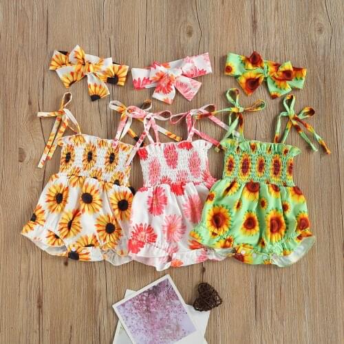 0-18M Lovely Baby Girls Rompers Headband 2pcs Sunflowers Printed Strapless Belt Jumpsuits 3 Colors