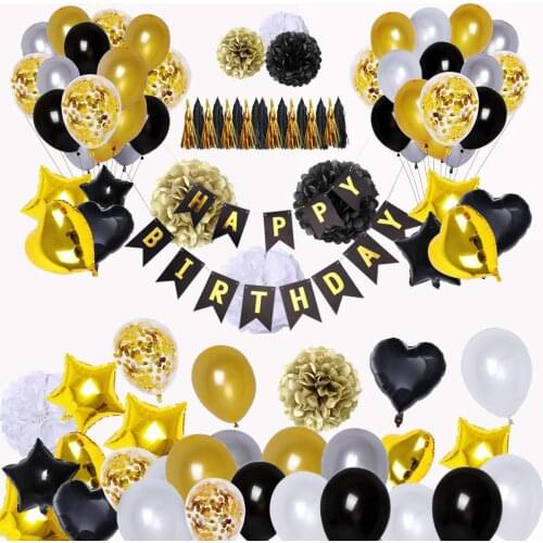 99pcs Black Gold Balloon Tassel Set Hot Stamping Happy Birthday Banner Pull Flag Paper Flower Ball Party Decoration