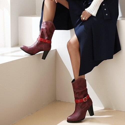 Autuspin Female Winter PU Leather Boots 2020 Women Shoes Autumn Casual Thick Heels Vintage Booties 8cm High Heels Basic Shoes