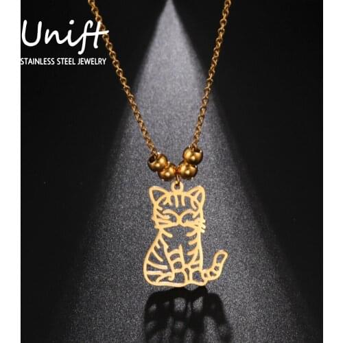 Unift Cartoon Lovely Cat Necklace for Women Cute Pet Kitten Stainless Steel Beads Chain Trendy Jewelry Party Accessories Gift