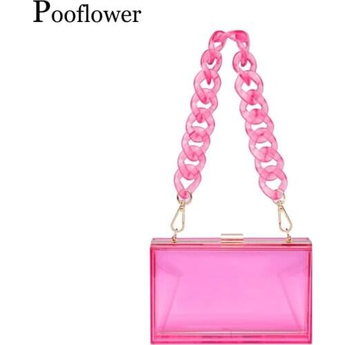 Pooflower Luxury Acrylic Transparent Evening Bags for Women Box Shape Mini Chians Shoulder Bag Lady Designer Handbag Purse ZH224