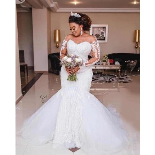 Luxury Heavy Beading Mermaid Wedding Dress Long Sleeve Appliques Pearls African Wedding Gowns Plus Size Vestido de noiva