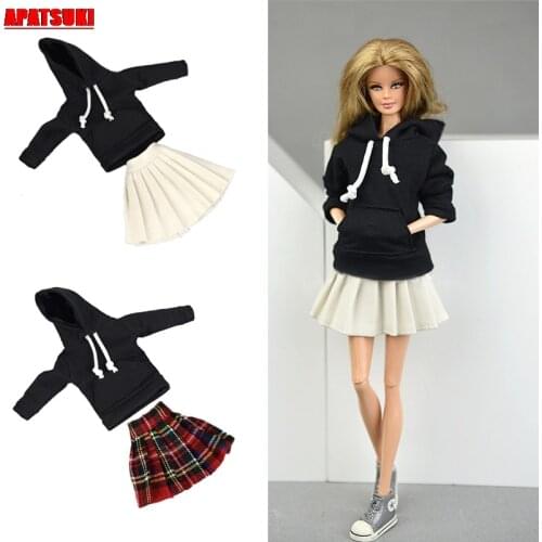 Winter Warm Black Long Sleeve Tops + White Short Mini Dress Outfits Clothes for Barbie Doll Set Clothes for 1/6 BJD Dolls House