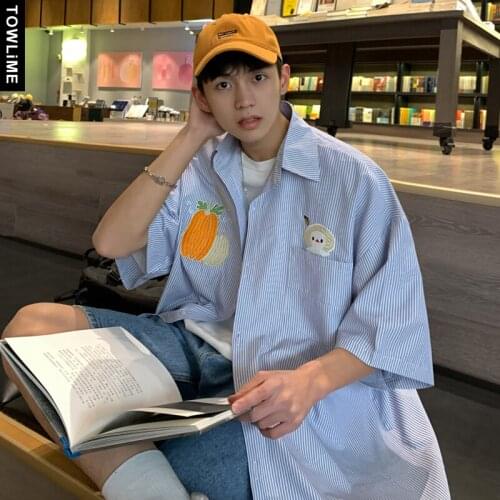 Chic Men Pure Cartoon Embroidery Striped Short Sleeve Casual Shirts 2021 Summer Ins Fashion Streetwear Couple Loose Tops