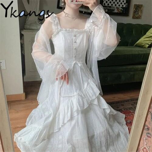 Pearl Adorned Lace Up Bow Mesh Sunscreen Shirt Korean Style Summer New Mori Girl Fairy Tulle Cardigan Flared Sleeves Coordinates