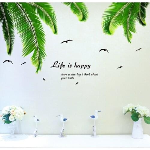[SHIJUEHEZI] Green Palm Leaves Wall Stickers Vinyl DIY Coconut Tree Leaves Mural Decals for Living Room Kitchen Home Decoration