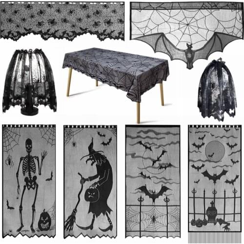 Halloween Decoration Black Lace Spider Web Skeleton Witch Bat Tablecloth Fireplace Cover Halloween Event Party Home Props Decor