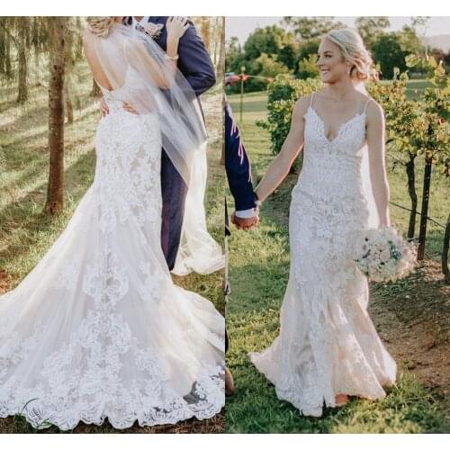 Gorgeous Mermaid Wdding Dresses 2020 Lace Appliques Spaghetti Straps Open Back Bridal Gowns Plus Size Custom Vestido De Noiva