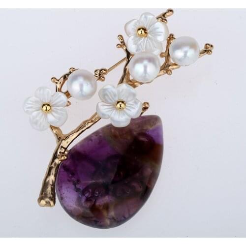 YACQ Women Freshwater Pearl Amethyst Rose Quartz Shell Flower Pin Brooch Luxury Gemstone Handmade Jewelry Christmas Gift Girl