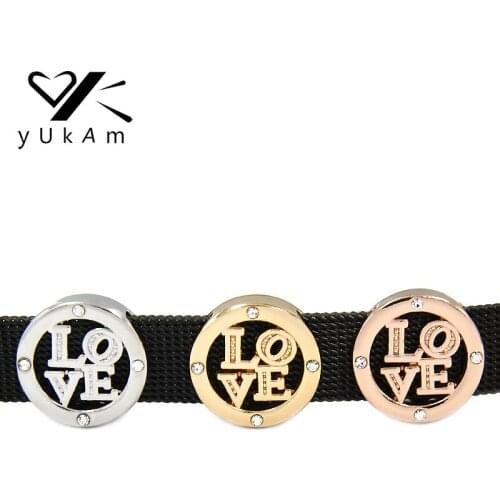 YUKAM Hollow Round Crystal Love Slide Keeper Charms for Leather Wrap Stainless Steel Mesh Keeper Bracelet DIY Accessories Making