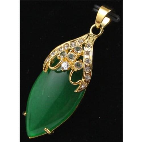 Womens fashion gold plated micro inlaid white diamond Accessories + long water drop green Malay Jade Pendant Necklace