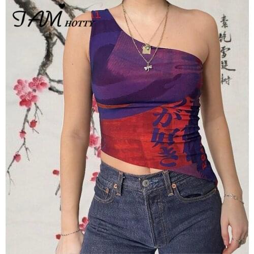 One Shoulder Printed Asymmetrical Camisole Women Sexy Retro Sleeveless Crop Top Tee Harajuku Chic Corset Tops Summer Iamhotty