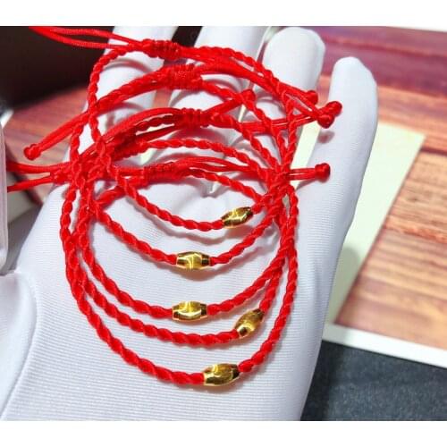 1pcs Real Pure Gold 999 Gold Bracelet For Women Female Cats eye Bead Shinning Gold Bead Lucky Red String 16cmL