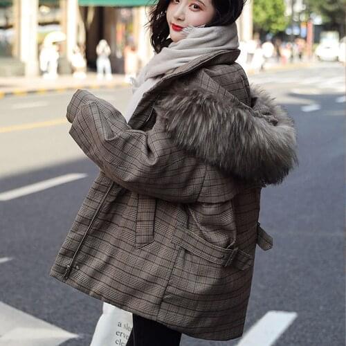 FNOCE 2021 new womens down jackets fashion youth streetwear Plaid print long sleeve hooded slim eye catching cotton parkas coats