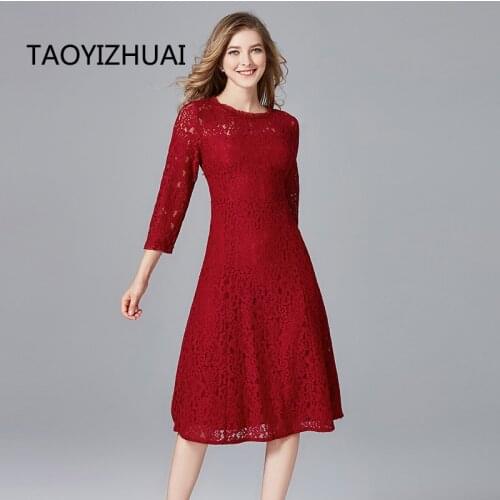 TAOYIZHUAI 2019 New Arrival Autumn Vintage Style Plus Size L Red High Waist Mid-Calf Stretch Slim Lace Dresses For Women 14122