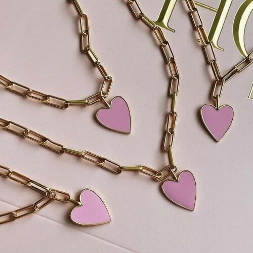 Minar Sweet Pink Love Heart Pendant Necklace for Women 2021 Gold Oclor Titanium Steel Chunky Link Chains Necklaces Birthday Gift