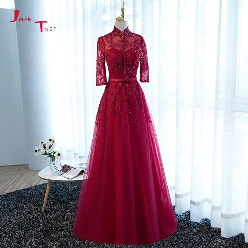 Jark Tozr High Neck Full Sleeve Buttons Bow Shiny Beading Sequins Lace Red Formal Evening Dresses Long Robe De Soiree 2019