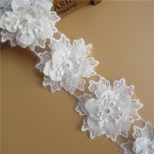 1 Yard White Flower Crystal Multilaye Embroidered Fabric Lace Ribbon Applique Handmade DIY Lace Trim Wedding Dress Sewing Craft