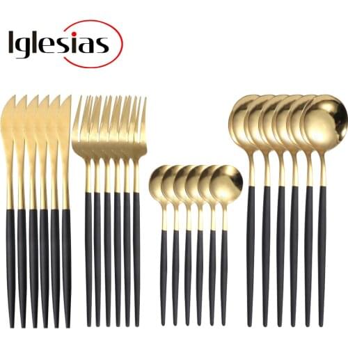 24Pcs/set 18/10 Stainless Steel Dinner Black Gold Dinnerware Set Knife Fork Spoon Cutlery Set Kitchen Tableware Silverware Sets