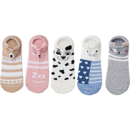 5 Pairs Women Socks 3D Short Cartoon Cute Female Casual Kawaii Slippers Cotton Cat Invisible Cotton Japanese Funny Animal Socks