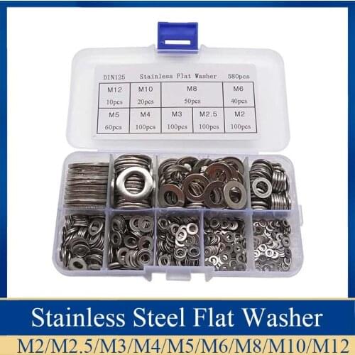 580Pcs Flat Washer Gasket 304 Stainless Steel Anti-corrosion Cleaning Passivation M2 M2.5 M3 M4 M5 M6 M8 M10 M12